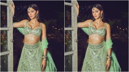 In pastel green statement earrings, a maang tikka, and silver bangles, Ananya accessorised her look for Diwali this year. (Instagram/@ananyapanday)