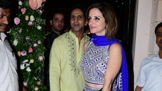 Sussanne Khan and boyfriend Arslan Goni were spotted at Ekta Kapoor's Diwali bash. While Sussanne was in a blue lehenga, Arslan was in yellow kurta pyjama. They had recently attended Karishma Tanna's bash as well. (Varinder Chawla)