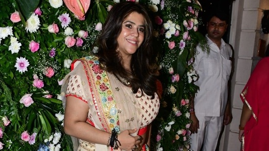 Ekta Kapoor hosted a star-studded bash on Saturday with several from Bollywood and television industry joining her in the celebrations. The producer was spotted in a white lehenga at the do. (Varinder Chawla)