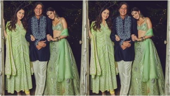 Ananya’s snippets with Bhavana and Chunky Panday look perfect family frames. Bhavana twinned with Ananya in a green salwar suit, while Chunky complemented Bhavana and Ananya in a contrasting prussian blue kurta and white pajamas. (Instagram/@ananyapanday)