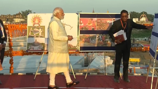 Prime Minister Narendra Modi inspects Ram Janmabhoomi Teerth Kshetra site in Ayodhya. (ANI)