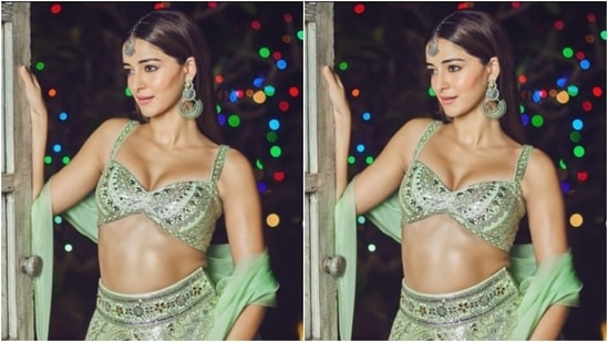 Ananya paired a sequined pastel green bralette with silver resham threadwork with a long flowy skirt featuring heavy embellishment and sequin details in silver. She added a pastel green dupatta and added more festive vibes to her look. (Instagram/@ananyapanday)