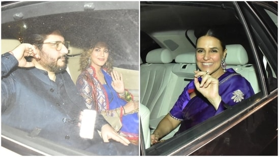 Sonali Bendre and Neha Dhupia picked the navy blue hue for their traditional outfits for the night and looked absolutely stunning. (HT Photo/Varinder Chawla)