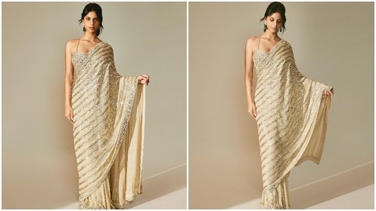 Suhana Khan stuns in a gold saree she wore for Manish Malhotra's Diwali bash. (Instagram)