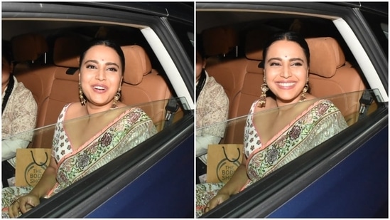 The paparazzi clicked Swara Bhasker outside Abu Jani's Diwali party venue in a floral saree and matching blouse. (HT Photo/Varinder Chawla)