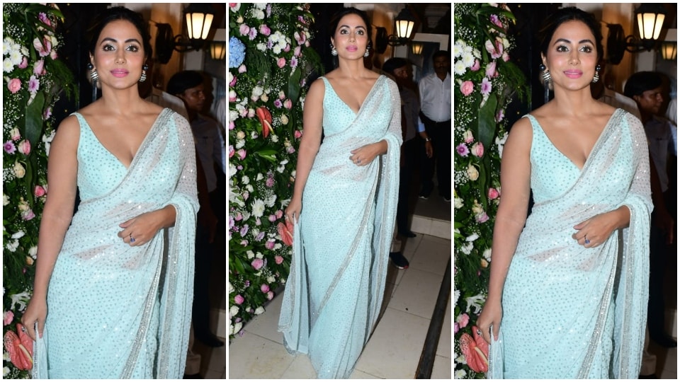 Hina Khan wears a gorgeous saree to her Diwali party hosted by Ekta Kapoor.  (HT Photo/Varinder Chawla)