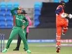 Soumya Sarkar (left) celebrates the last wicket of Paul van Meekeren during the T20 World Cup 2022 match between Bangladesh and Netherlands at Bellerive Oval in Hobart on October 24, 2022(AFP)