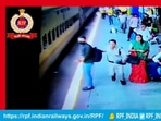 The image, taken from the Twitter video, shows one of the RPF officers running to save a woman who fell in the platform gap while deboarding a moving train.