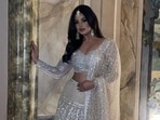 Harnaaz Sandhu glitters like a patakha in ivory lehenga set. (Instagram) Harnaaz Sandhu glitters like a patakha in ivory lehenga set. (Instagram)