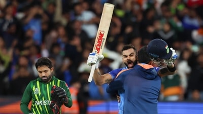 India's Virat Kohli reacts after winning the T20 World Cup match against Pakistan in Melbourne (AP)