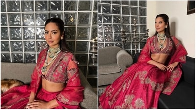 Esha Gupta in a regal pink lehenga celebrated the Festival of Lights. (Instagram/@egupta) Esha Gupta in a regal pink lehenga celebrated the Festival of Lights. (Instagram/@egupta)