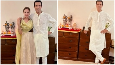 Randeep Hooda donned a white embroidered kurta, pyjama set and posed with idols of Goddess Laxmi. Sharing photos of his Diwali celebrations, Randeep wrote, "Diwali time is family time." (Instagram/@randeephooda) Randeep Hooda donned a white embroidered kurta, pyjama set and posed with idols of Goddess Laxmi. Sharing photos of his Diwali celebrations, Randeep wrote, "Diwali time is family time." (Instagram/@randeephooda)