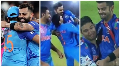 An old video of legendary cricketers Yuvraj Singh and Harbhajan Singh lifting Kohli has surfaced on the internet after his batting heroics. (ANI/ Twitter) An old video of legendary cricketers Yuvraj Singh and Harbhajan Singh lifting Kohli has surfaced on the internet after his batting heroics. (ANI/ Twitter)