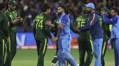 India's Virat Kohli shakes hands with Pakistan's Mohammad Wasim following the T20 World Cup cricket match between India and Pakistan in Melbourne, Australia, Sunday, Oct. 23, 2022. (AP) India's Virat Kohli shakes hands with Pakistan's Mohammad Wasim following the T20 World Cup cricket match between India and Pakistan in Melbourne, Australia, Sunday, Oct. 23, 2022. (AP)