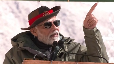 PM Modi addresses soldiers in Kargil on Diwali. (BJP/ Twitter) PM Modi addresses soldiers in Kargil on Diwali. (BJP/ Twitter)