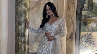 Harnaaz Sandhu glitters like a patakha in ivory lehenga set. (Instagram) Harnaaz Sandhu glitters like a patakha in ivory lehenga set. (Instagram)