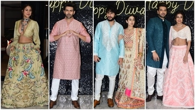 Shehnaaz Gill, Kartik Aaryan, Sara Ali Khan, Karan Kundrra and Tejasswi Prakash attend a Diwali bash. (HT Photo/Varinder Chawla) Shehnaaz Gill, Kartik Aaryan, Sara Ali Khan, Karan Kundrra and Tejasswi Prakash attend a Diwali bash. (HT Photo/Varinder Chawla)