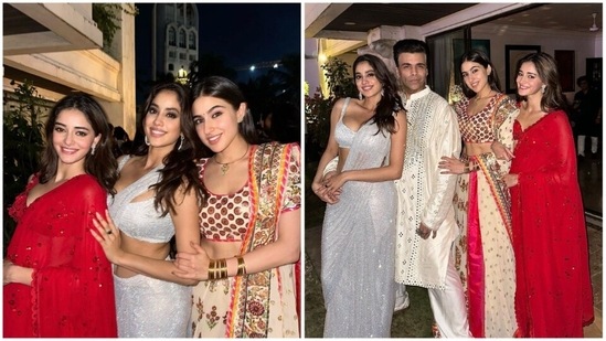 Janhvi Kapoor, Ananya Panday, Karan Johar and Sara Ali Khan in their ethnic best celebrated Diwali.(Instagram/@saraalikhan95)