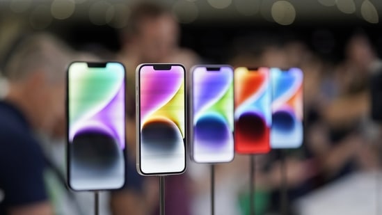 iPhone 14 models on display at an Apple event in Apple's headquarters, Sept. 7, 2022. (AP)