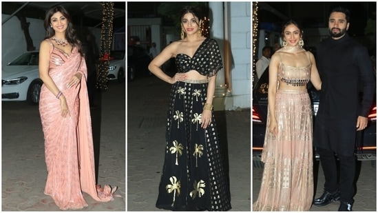 Shilpa Shetty, Shamita Shetty, Rakul Preet Singh and Jackky Bhagnani pose for the paparazzi. 