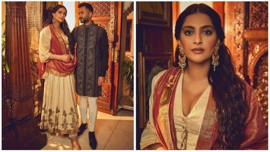 Sonam Kapoor and Anand Ahuja in ethnic outfits.