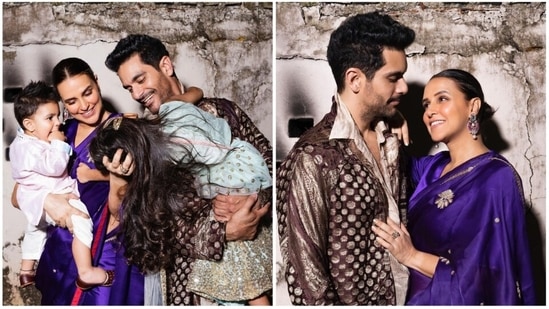 Neha Dhupia took to her Instagram handle to share photos with her husband Angad Bedi and their two little ones. "#happydiwali 🪔 from our family to yours … love and light," Neha wished her wellwishers on the auspicious occasion of Deepavali.(Instagram/@nehadhupia)