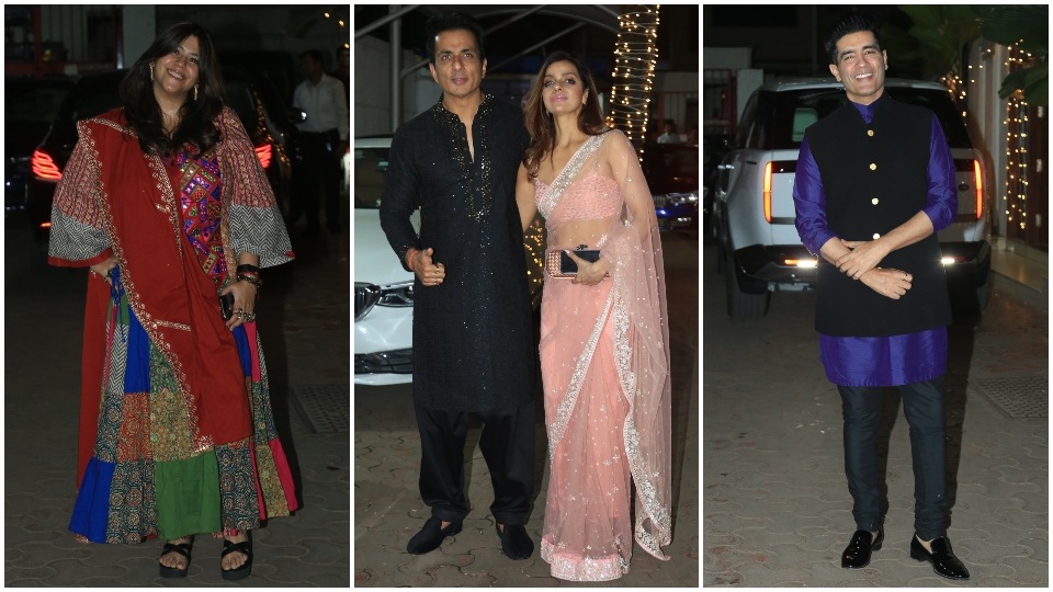 Ekta Kapoor, Sonu Sood and Manish Malhotra at Shilpa Shetty's Diwali party. (HT Photo/Varinder Chawla)