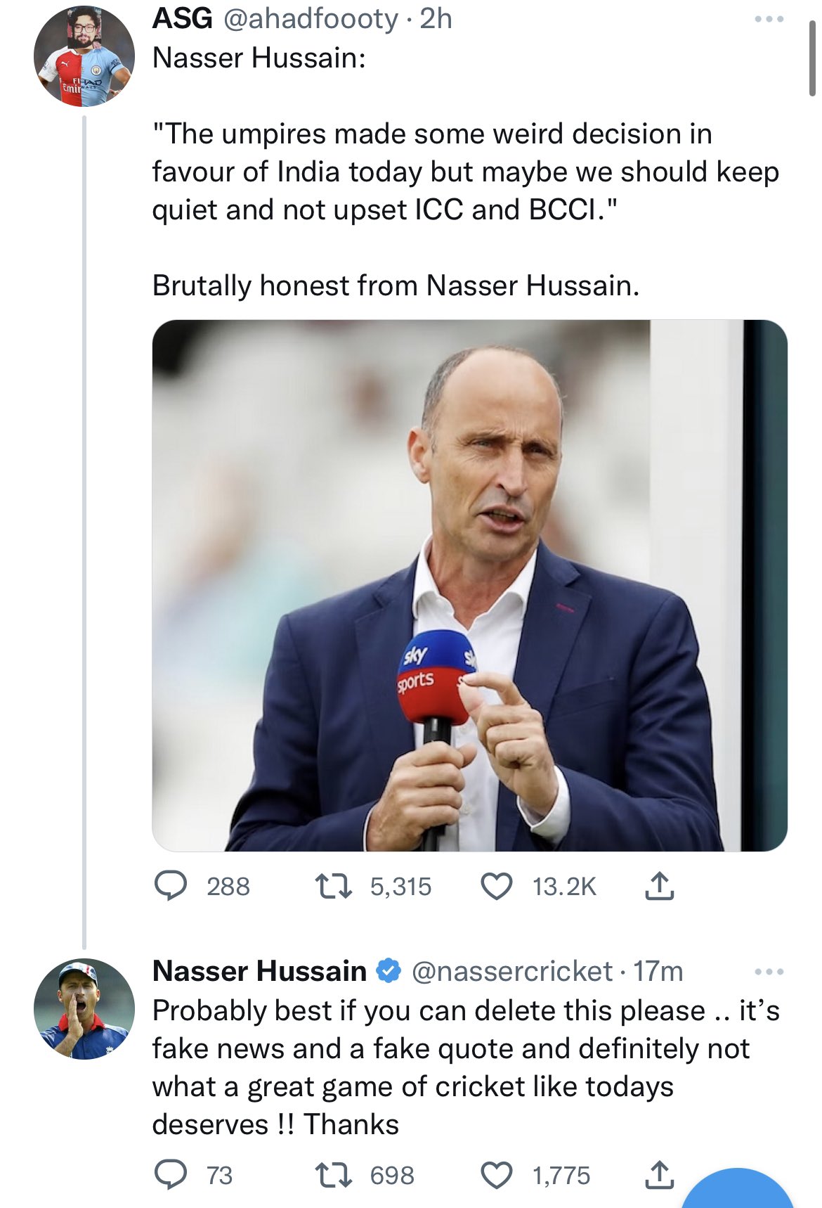 Screengrab of Nasser Hussain's replies to the fake tweet(twitter/@siddharth3) Screengrab of Nasser Hussain's replies to the fake tweet(twitter/@siddharth3)