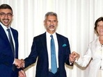 External Affairs Minister S. Jaishankar participates in the India-UAE-France trilateral Ministerial meeting with counterparts Abdullah bin Zayed Al Nahyan and Catherine Colonna, in New York on Tuesday. (S Jaishankar Twitter) External Affairs Minister S. Jaishankar participates in the India-UAE-France trilateral Ministerial meeting with counterparts Abdullah bin Zayed Al Nahyan and Catherine Colonna, in New York on Tuesday. (S Jaishankar Twitter)