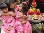 Shilpa Shetty with son Viaan and daughter Samisha on the occasion of Diwali. Shilpa Shetty with son Viaan and daughter Samisha on the occasion of Diwali.