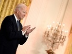 US President Joe Biden claps as he hosts a reception to celebrate Diwali.(AFP) US President Joe Biden claps as he hosts a reception to celebrate Diwali.(AFP)
