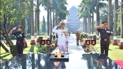 A wreath laying ceremony was organised at the Hut of Remembrance at National Defence Academy on Tuesday. (HT PHOTO)