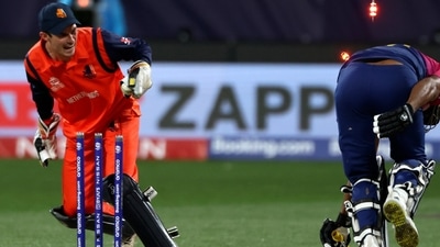 Netherlands' Scott Edwards, left, runs out UAE's Zawar Farid during their T20 World Cup Cricket match in Geelong. (AP) Netherlands' Scott Edwards, left, runs out UAE's Zawar Farid during their T20 World Cup Cricket match in Geelong. (AP)