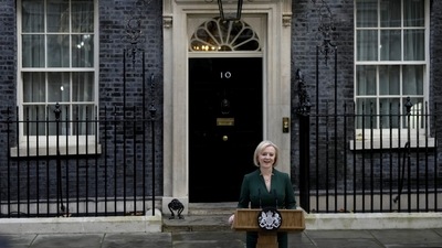 Outgoing British Prime Minister Liz Truss delivers final speech at 10 Downing Street in London, Tuesday (AP Photo) Outgoing British Prime Minister Liz Truss delivers final speech at 10 Downing Street in London, Tuesday (AP Photo)