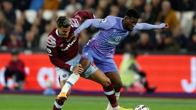 West Ham's Gianluca Scamacca, left, challenges Bournemouth's Jefferson Lerma during their English Premier League match (AP)