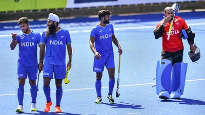 India's Harmanpreet Singh, Jarmanpreet Singh, Surender Kumar and Sreejesh Raveendran after the end of the men's hockey final match (PTI)