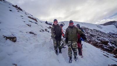 Search and rescue operations underway at the Draupadi Ka Danda-2 mountain peak in Uttarkashi district of Uttarakhand. (PTI Photo) Search and rescue operations underway at the Draupadi Ka Danda-2 mountain peak in Uttarkashi district of Uttarakhand. (PTI Photo)