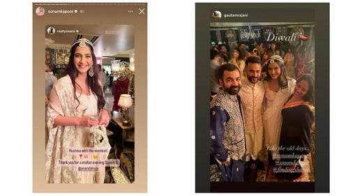 Sonam Kapoor reshared the stories from her Diwali party via Instagram Stories. Sonam Kapoor reshared the stories from her Diwali party via Instagram Stories.