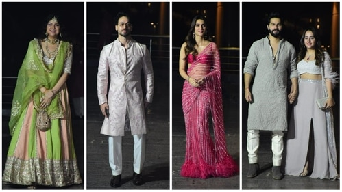 Anshula Kapoor, Tiger Shroff, Kriti Sanon, Varun Dhawan and Natasha Dalal at Sonam Kapoor's bash. (Varinder Chawla) Anshula Kapoor, Tiger Shroff, Kriti Sanon, Varun Dhawan and Natasha Dalal at Sonam Kapoor's bash. (Varinder Chawla)