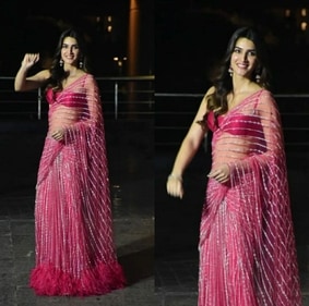 Kriti Sanon wore a shimmery pink saree with ruffles at the trail end (Varinder Chawla)