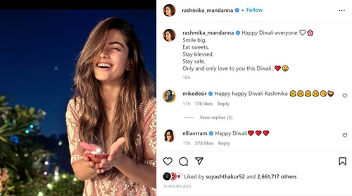 Rashmika Mandanna shared a picture on Diwali via Instagram Post. Rashmika Mandanna shared a picture on Diwali via Instagram Post.