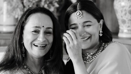 Alia Bhatt with Soni Razdan in black and white picture. 