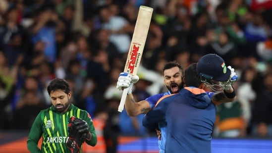 India's Virat Kohli reacts after winning the T20 World Cup cricket match against Pakistan(AP)