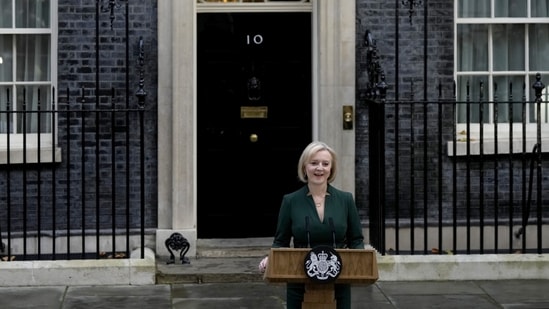 Outgoing British Prime Minister Liz Truss delivers final speech at 10 Downing Street in London, Tuesday (AP Photo)