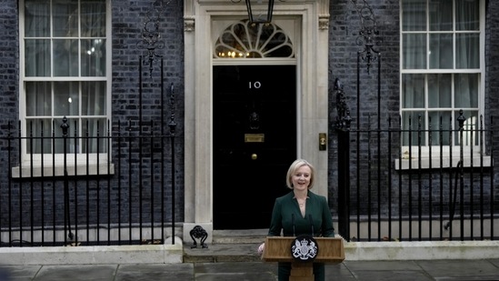 Outgoing British Prime Minister Liz Truss delivers final speech at 10 Downing Street in London, Tuesday (AP Photo)