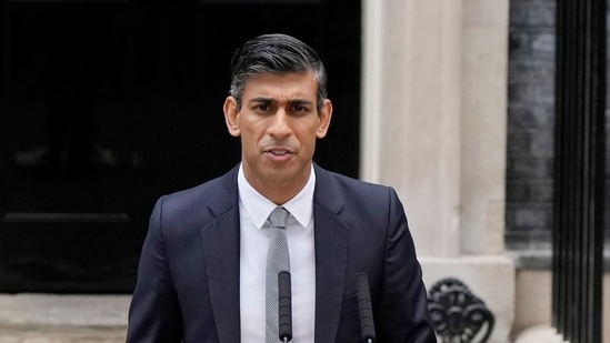 British Prime Minister Rishi Sunak delivers a speech at Downing Street in London, Tuesday.(AP)