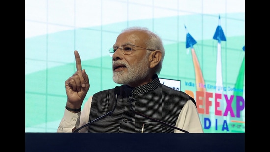 Prime Minister Narendra Modi addressing at the inauguration of the DefExpo22, at Mahatma Mandir Convention and Exhibition Centre in Gandhinagar on Wednesday. (ANI)