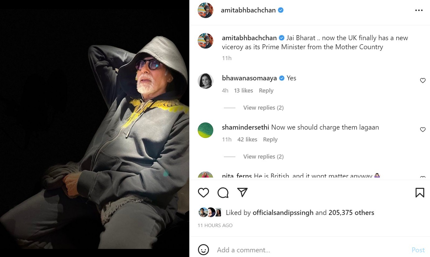 Amitabh Bachchan also reacted to Rishi Sunak becoming Britain PM. Amitabh Bachchan also reacted to Rishi Sunak becoming Britain PM.