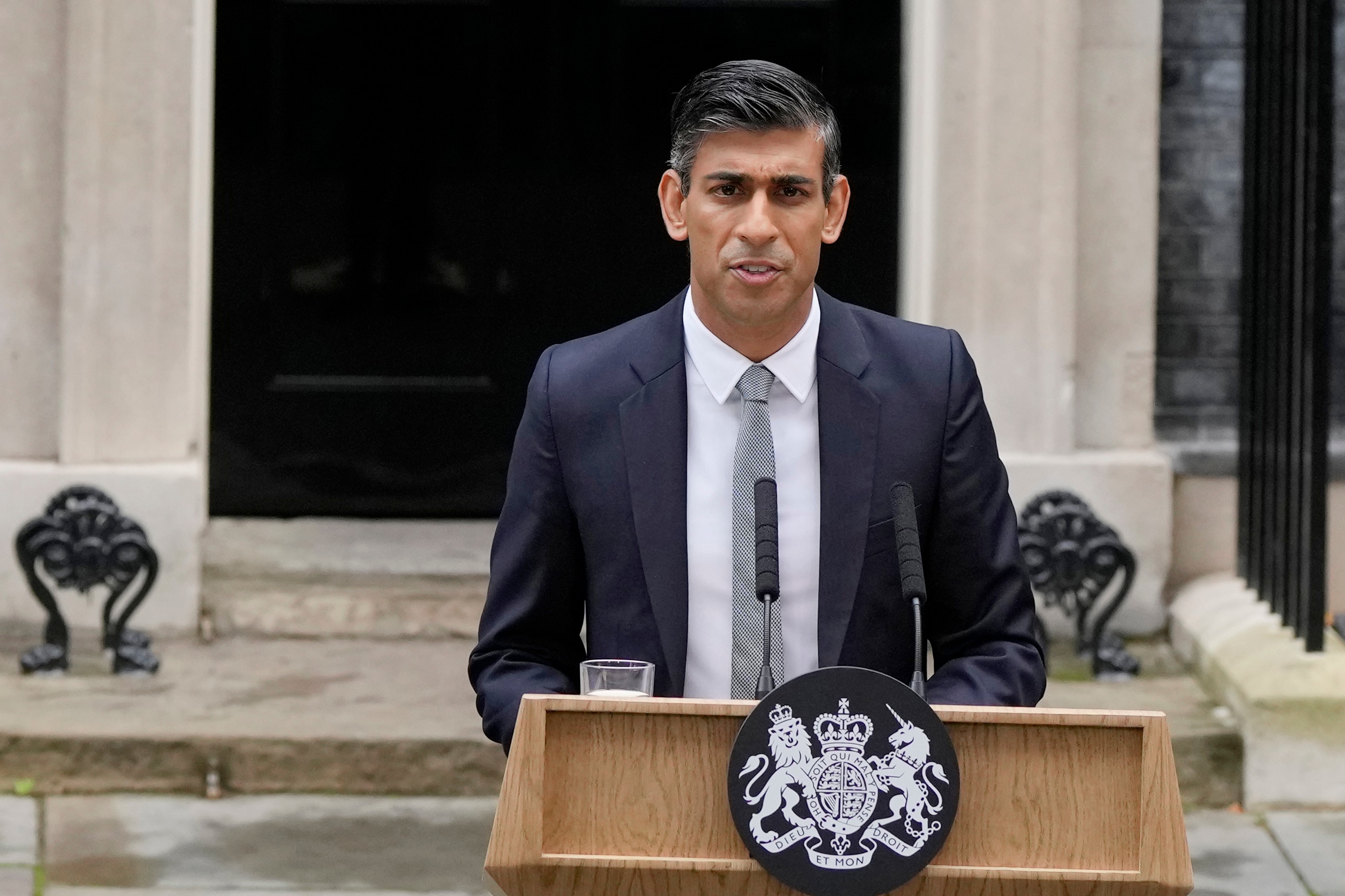 British Prime Minister Rishi Sunak delivers a speech at Downing Street in London, Tuesday. (AP)