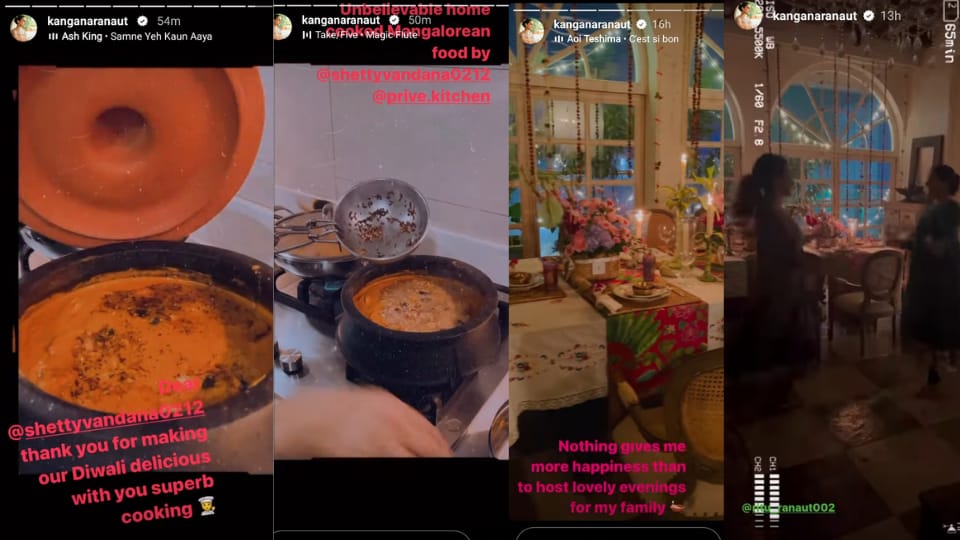 Kangana Ranaut posed videos and pictures of her 'delicious' Diwali dinner and decor.